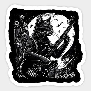 Cute Musician Black Cat Kitty Playing Guitar - Funny Cats Sticker